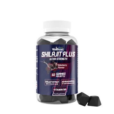 WellBoost Shilajit Plus Gummies 200mg Shilajit, 40mg Ashwagandha, 2mg Vitamin B6 Vegan Elderberry Flavour Energy, Vitality & Well-Being Support for Adults (1 Month Supply).