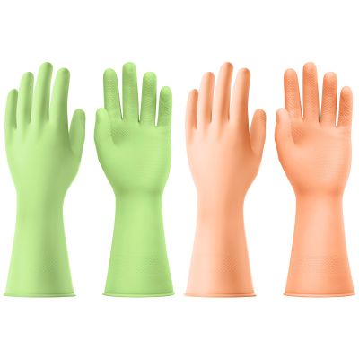 AUAUY 2 Pairs Reusable Washing up Gloves, Rubber Odorless Dishwashing Gloves, Non-Slip and Waterproof Household Cleaning Gloves with Embossed Palm for Kitchen Cleaning, Gardening (Green+Orange, M)