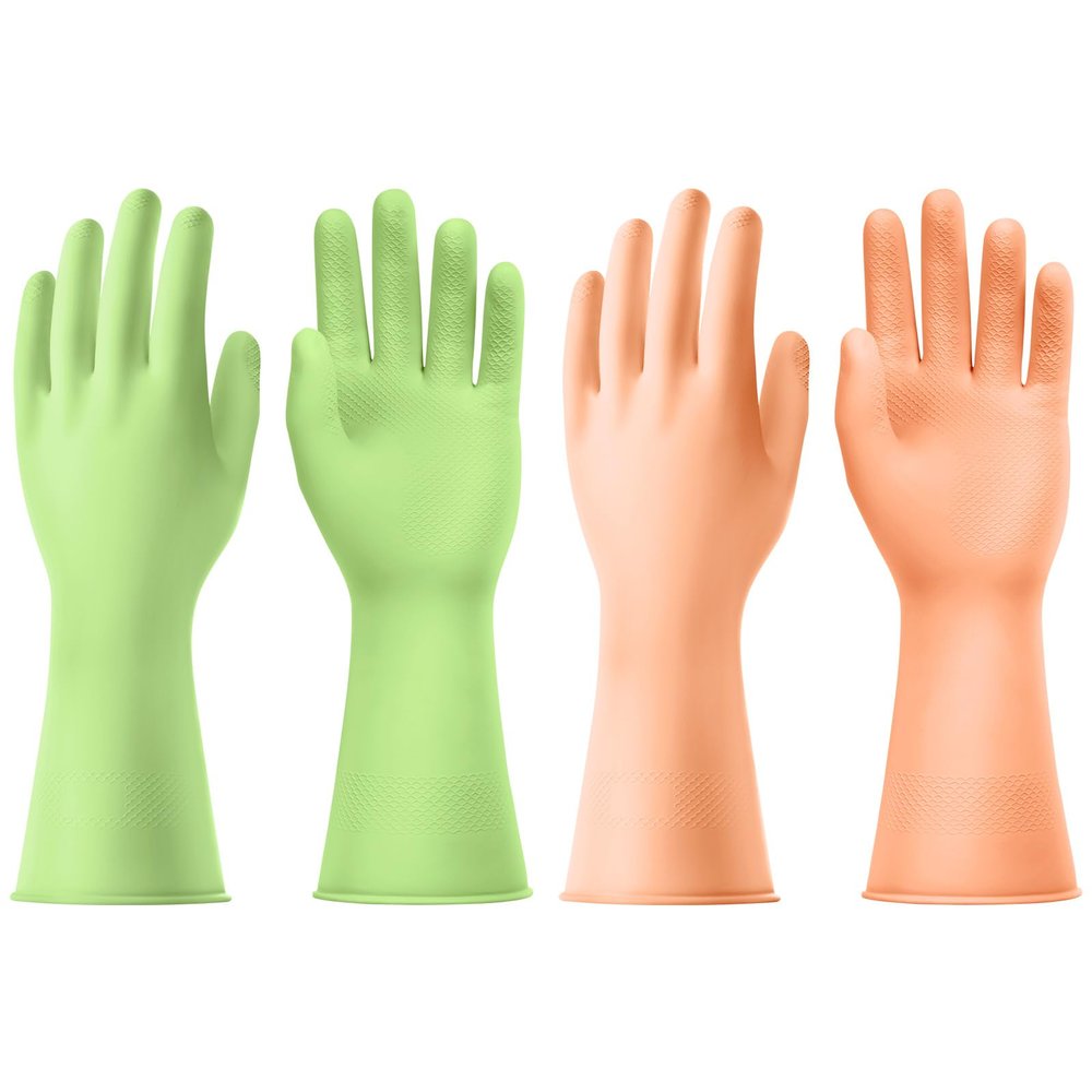 AUAUY 2 Pairs Reusable Washing up Gloves, Rubber Odorless Dishwashing Gloves, Non-Slip and Waterproof Household Cleaning Gloves with Embossed Palm for Kitchen Cleaning, Gardening (Green+Orange, M)