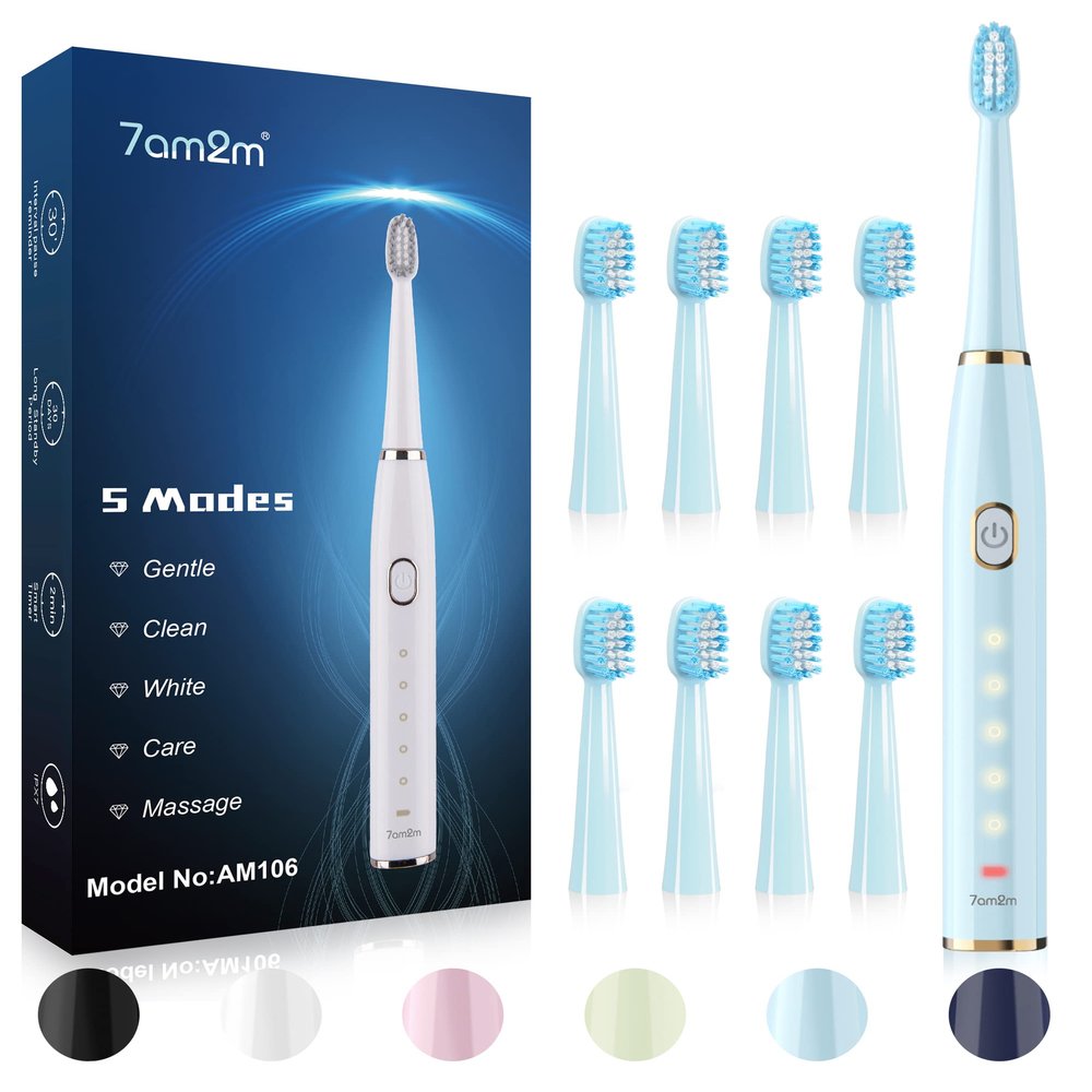7AM2M Sonic Electric Toothbrush for Adults and Kids- High Power Rechargeable Toothbrushes with 8 Brush Heads,5 Adjustable Modes, Built-in 2-Minute Smart Timer,4 Hours Fast Charge for 75 Days(Blue)