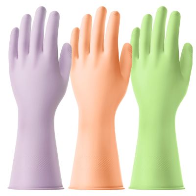 AUAUY 3 Pairs Reusable Household Washing up Gloves, Rubber Soft Cleaning Gloves, Non-Slip and Waterproof Dishwashing Gloves with Embossed Palm for Kitchen Cleaning, Gardening (Green+Orange+Purple, M)