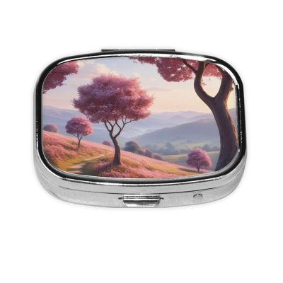 Small Heart Shaped Trees Printed Pill Organizer Daily,Portable Metal Travel Pill Case Box for Purse and Pocket