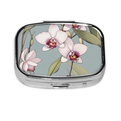 Small Bell Orchid Printed Pill Organizer Daily,Portable Metal Travel Pill Case Box for Purse and Pocket