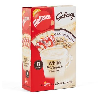 Malteser & Galaxy Instant White Hot Chocolate Selection Powder Sachets 8 x 25g. Winter Hot Chocolate Gift Set for Christmas