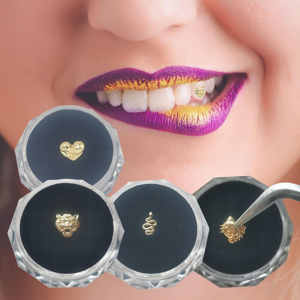 ZZDT Gold tooth gems 8K gold Teeth jewelry Lover Tiger Kit Snake shape Tooth gem supplies Teeth Jewelry Diamonds jewelry Decorations