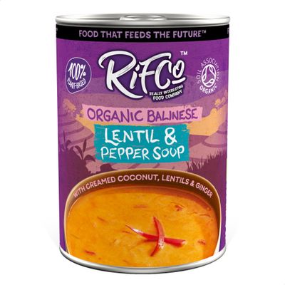 RIFCo Organic Balinese Lentil & Pepper Soup, 6 x 400 g Cans Balinese-Style Soup with Lentils, Red Pepper, Ginger, Chilli & Creamed Coconut