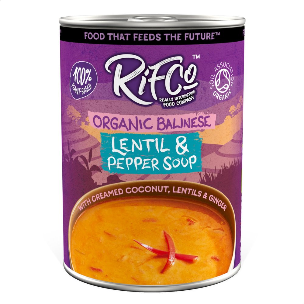 RIFCo Organic Balinese Lentil & Pepper Soup, 6 x 400 g Cans Balinese-Style Soup with Lentils, Red Pepper, Ginger, Chilli & Creamed Coconut