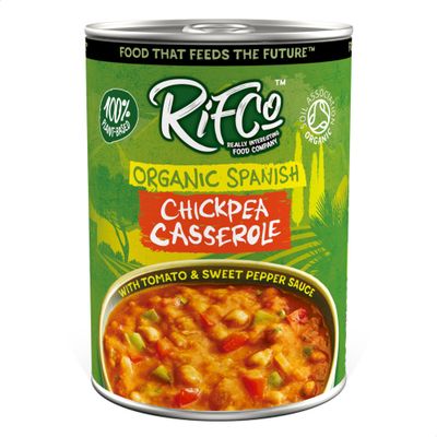 RIFCo Organic Spanish Chickpea Casserole, 6 x 400 g Cans  Spanish-Style Dish with Chickpeas, Tomatoes, Peppers, Onion, Chilli, Garlic & Parsley