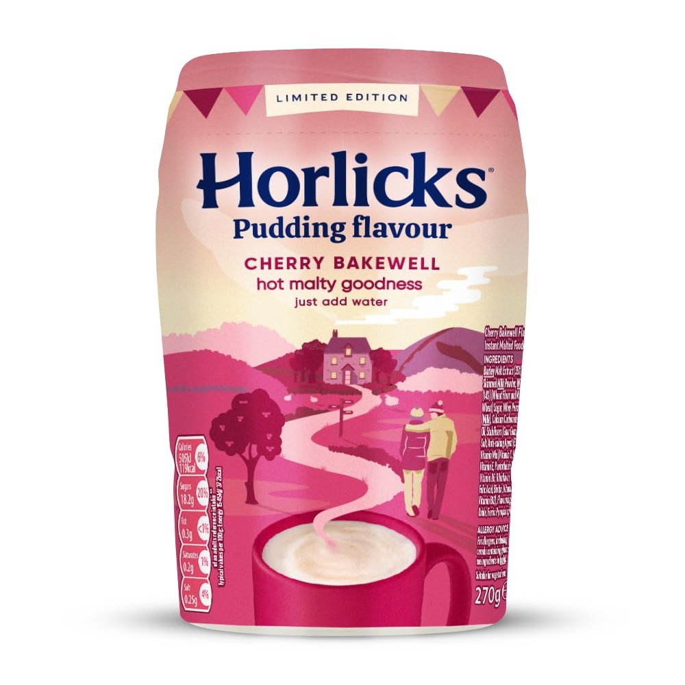 Horlicks Cherry Bakewell Pudding Flavour 270g (Pack of 6) Limited Edition Instant Malted Drink | Just Add Water | High in Calcium, Zinc, Vitamin C, Vitamin D & Vitamin B12