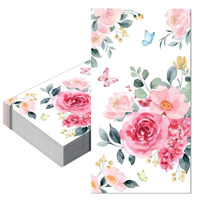 20pcs Watercolor Floral Napkins - Pink Rose, Vintage Wild Flower, 40x33cm, Disposable Serviettes for Girls Women Birthday Wedding Engagement Party