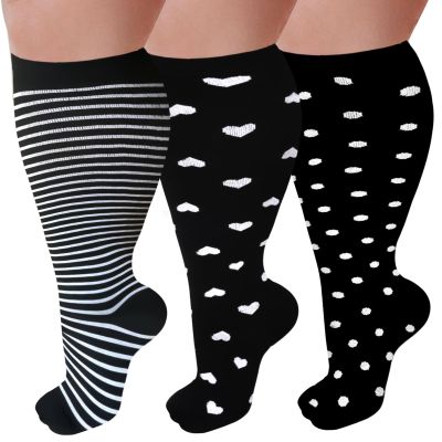 3 Pairs Plus Size Compression Socks for Women and Men Wide Calf 20-30mmhg Extra Large Knee High Support for Circulation, 01-black/Black/Black, 3X-Large