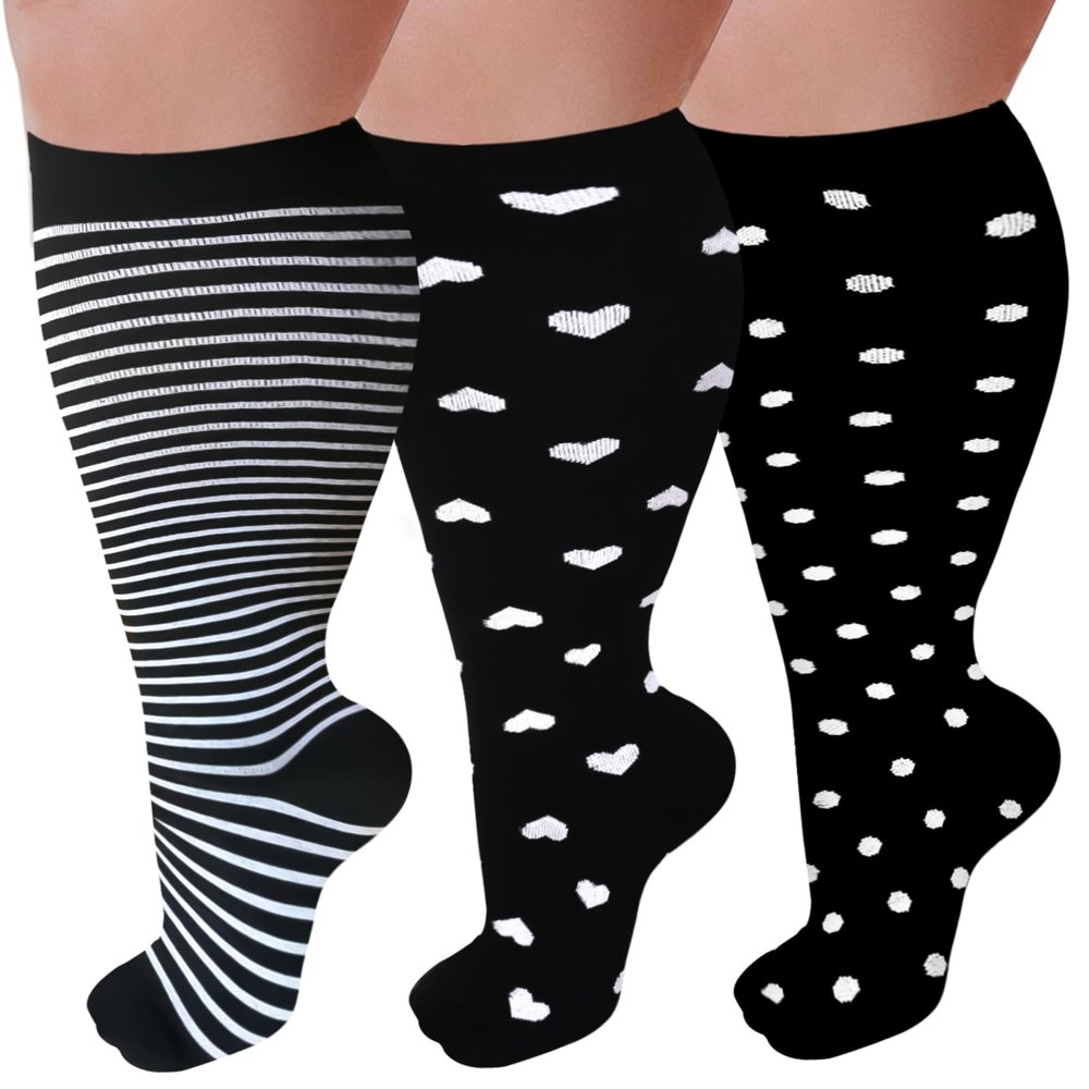3 Pairs Plus Size Compression Socks for Women and Men Wide Calf 20-30mmhg Extra Large Knee High Support for Circulation, 01-black/Black/Black, 3X-Large