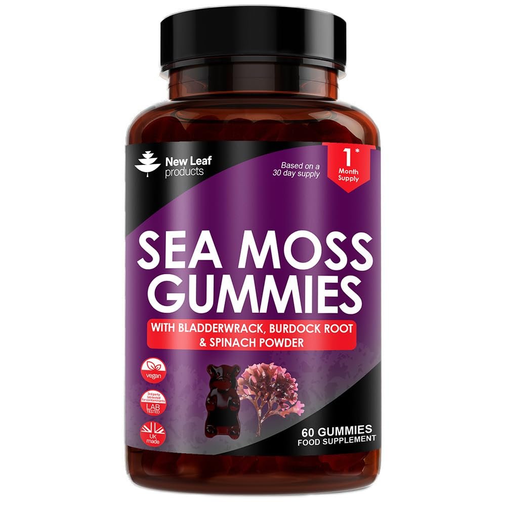 Sea Moss Gummies - Enriched with Irish Sea Moss, Burdock Root and Bladderwrack - High Strength 3000mg Vegan Gummy - Seamoss Gummies Made in UK by New Leaf 60 Gummys
