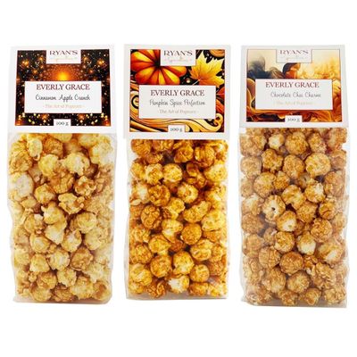 Everly Grace Popcorn Fall Bundle  Pumpkin Spice Perfection, Cinnamon Apple Crunch, Chocolate Chai Charm, each 100 g Popcorn bags from our manufactory in Augsburg, Germany