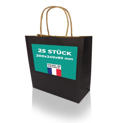 h-Green Paper Bags with Handle, 200 x 240 x 80 mm (Pack of 25), Portable Paper Bags with 3 kg Load Capacity, Recyclable Gift Bags Made of FSC Certified Recycled Kraft Paper, 90 g/m, Black