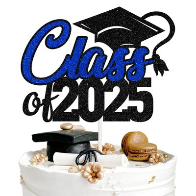 Class of 2025 Cake Topper, Congrats Grad 2025 Graduation Cake Decor, High School/College Graduate Celebration Party Decoration Supplies, Black and Blue Glitter