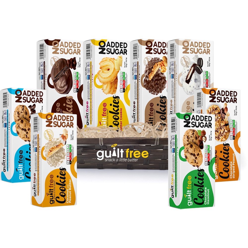 GuiltFree Sugar Free Cookies Basket, 8 Flavours Assorted Biscuit Variety Pack, Diabetic Sugar Free Hamper Cookie Biscuits Snack Gift Hamper Box MultiPack of 4-1.1KG