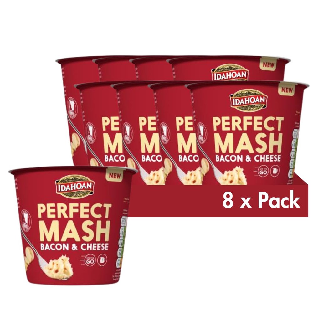 Idahoan Bacon and Cheese Mashed Potato Pots 55g - Dried Potato Mash Vegetarian and Gluten Free Instant Potato Pot Cooks in 1 Minute, Quick Lunch, Bulk Ready to Eat (Pack of 8)