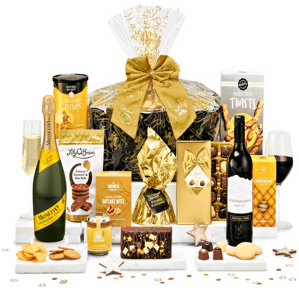 Festive Cracker Hamper with Mulled Wine - Gourmet Xmas Gift Set - Prosecco, Shortbread, Cheese Twists, Chocolates - Mulled Wine Gift Basket for Men & Women, Xmas Food Gifts