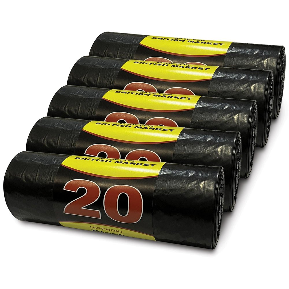 G4GOODS 5 Rolls of 100 Heavy Duty 70L Black Sack Bin Bags 140 Gauge/35 Micron 20 Bags Per Roll Tear-Resistant Garden Waste Bags for Household Office Use (15"x29"x33")
