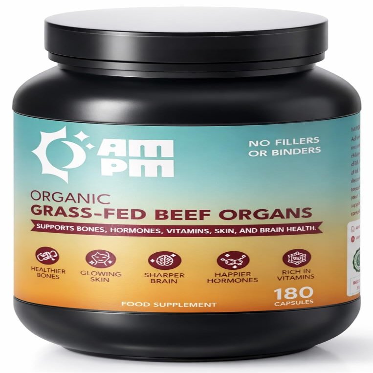 Grass Fed Beef Organ Capsules, Beef Organ Supplement with Liver, Heart, Kidney, Pancreas & Spleen, Natural Whole Food Complex, Non-GMO,180 Capsules By AMPM