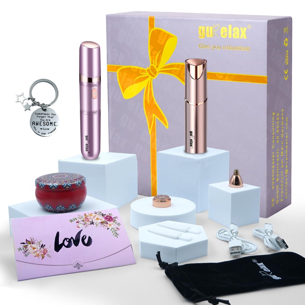 Valentine's Day Gift Set - Painless Hair Removal Luxury Birthday Kit, Newest Hair Remover System, Portable Facial Hair Remover with 4 Replacement Heads, Scented Candle with Petals, Gift Keyc