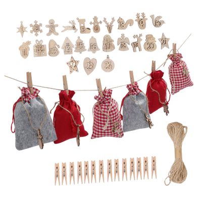 COLLBATH Christmas Countdown Calendar Bag Wooden Tags Drawstring Storage Pouches for Xmas Candy Bags for Presents