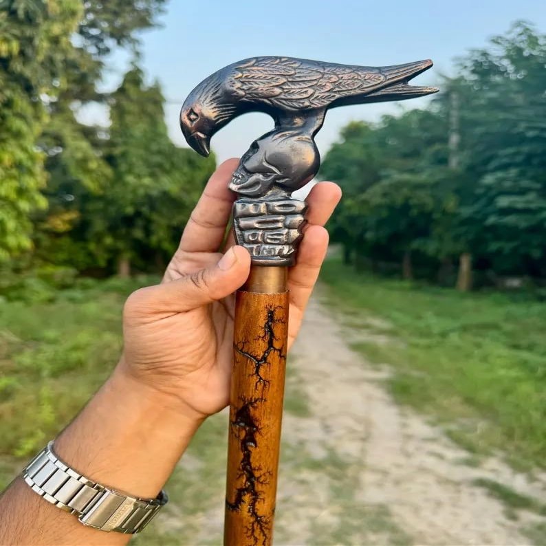 Wooden Carved Walking Cane with Black Raven Skull Handle, Odin Crow Brass Victoria