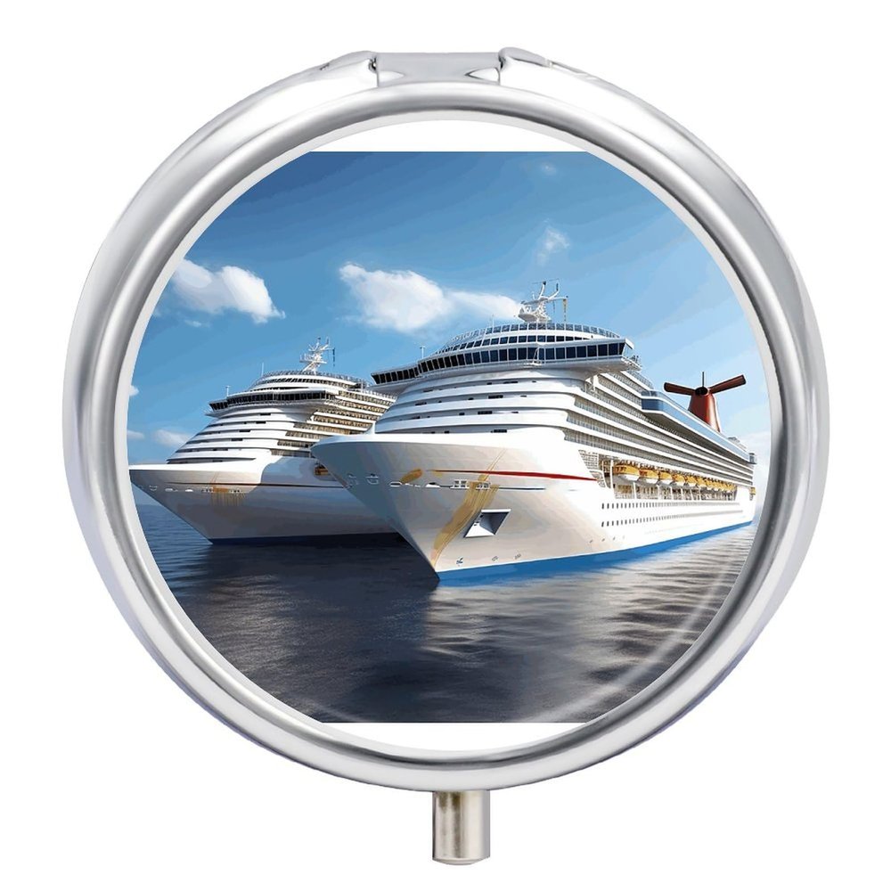 Cruise Ship Round Pill Box Portable Metal Pill Case 3 Compartment Small Travel Pill Organizer Cute Vitamins Holder Organizer for Purse Pocket
