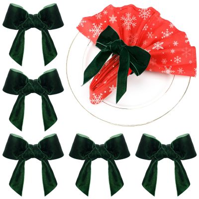 Christmas Napkin Rings Set of 6 - Green Bow Velvet Napkin Holder Rings - Chic Napkin Buckle for Holiday, Birthday Party, Anniversary Dinner, Wedding & Dining Table Decoration