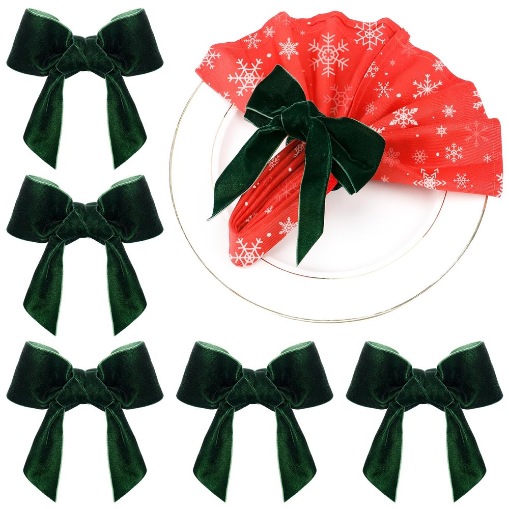 Christmas Napkin Rings Set of 6 - Green Bow Velvet Napkin Holder Rings - Chic Napkin Buckle for Holiday, Birthday Party, Anniversary Dinner, Wedding & Dining Table Decoration