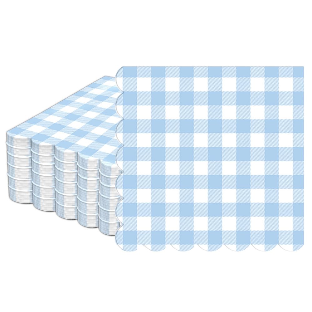 100Pcs Blue and White Gingham Scalloped Napkins 6.5in Plaid Paper Decoration Party Supplies Light Blue Checkered Dessert Disposable Napkins for Boys Wedding Birthday Baby Shower Picnic Party Favor
