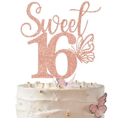 Rose Gold Glitter Sweet 16 Cake Topper, Butterfly Happy 16th Birthday/Happy Sweet 16, Funny Butterfly Themed 16th Birthday Party Decorations