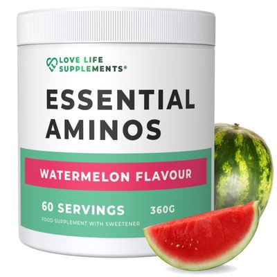 EAA Amino Acids Powder, All 9 Essential Amino Acids Including BCAA's, Watermelon Flavour, 360g - 60 Servings (5g of EAA's per Serving) - Love Life Supplements