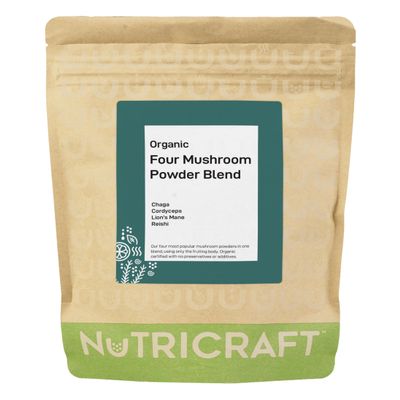 NutriCraft Organic Four Mushroom Blend Powder - 250g - Lion's Mane, Reishi, Cordyceps, Chaga, Vegan, Immune Support, Energy & Brain Health, No Additives or Preservatives