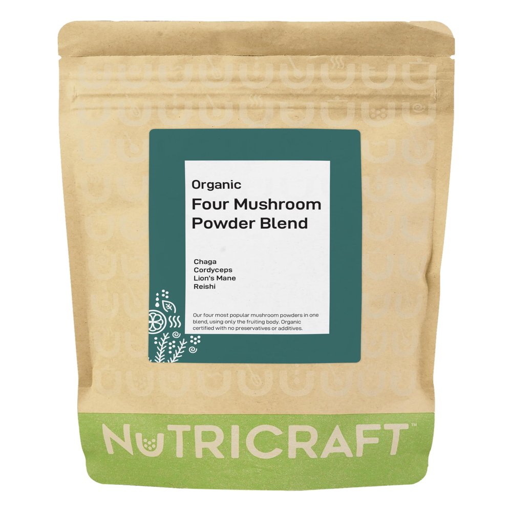 NutriCraft Organic Four Mushroom Blend Powder - 250g - Lion's Mane, Reishi, Cordyceps, Chaga, Vegan, Immune Support, Energy & Brain Health, No Additives or Preservatives