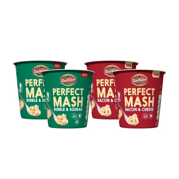 Idahoan Instant Mash Potato Pots Bundle Pack of 4 x 55g - Bubble and Squeek Bacon and Cheese Potato Pots Ready to Eat Mashed Potato