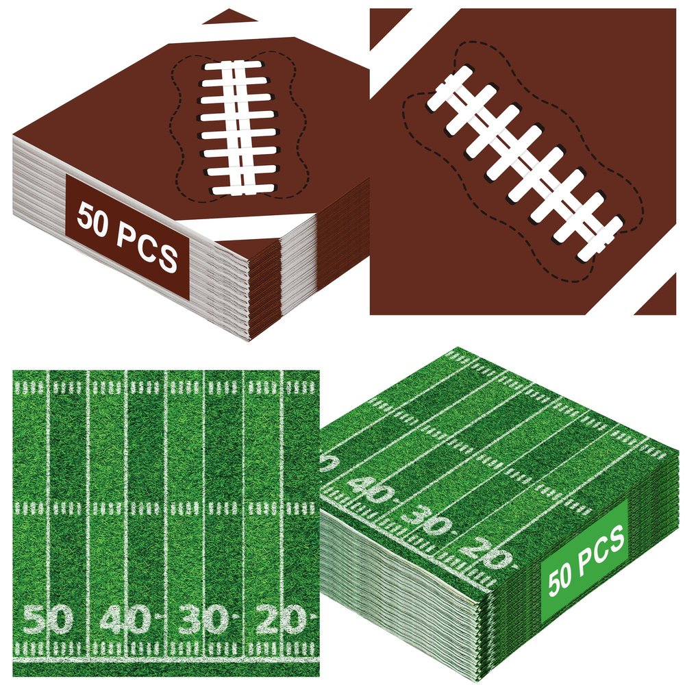 100 PCS Football Party Supplies, 6.5 Inches Football Napkins with 2 Styles, Disposable Football Paper Napkins, Football Party Napkins for Football Theme Game Day Touchdown Birthday Decorations