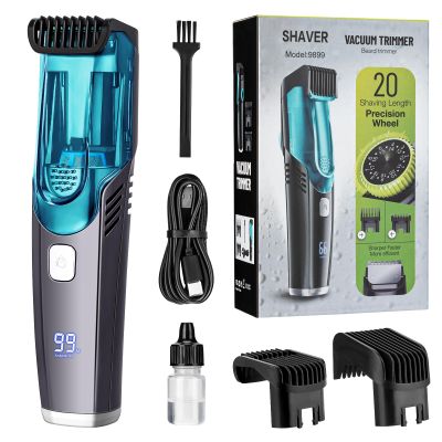Vacuum Beard Trimmer for Men with 20 Length and Styles Adjustable, Built-in Vacuum Trimmer for Mustache, Sideburns, Facial Hair, Rechargeable Mustache TrimmerBlue