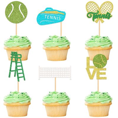 24 Pcs Tennis Cupcake Toppers Sports Ball Tennis Cupcake Picks Tennis Birthday Party Decorations Cake Decor for Sports Balls Theme Boys Girl Birthday Party Supplies