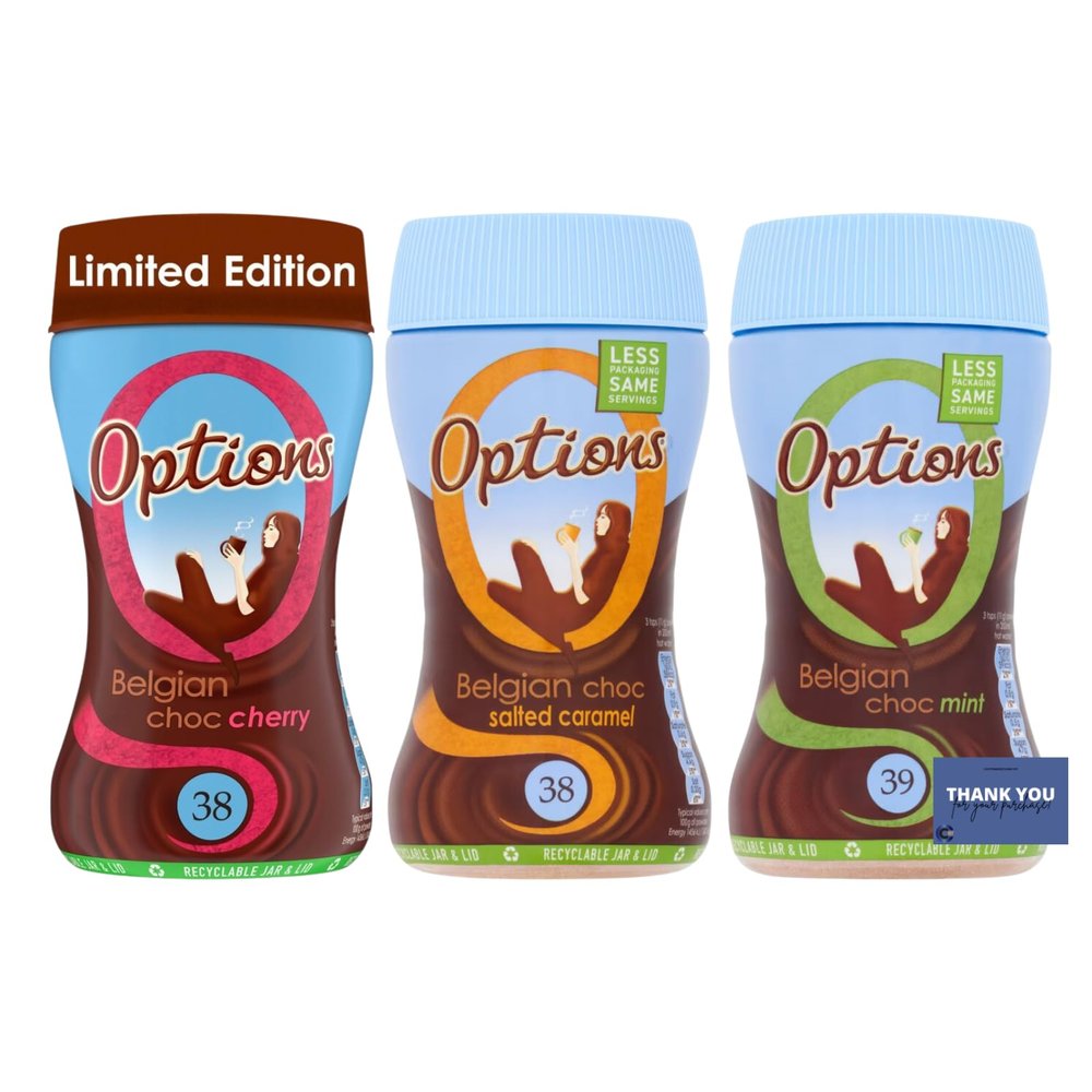 Options Belgian Chocolate Hot Chocolate Variety Pack - Cherry, Salted Caramel, and Mint Madness Flavours - 3 x 220g
