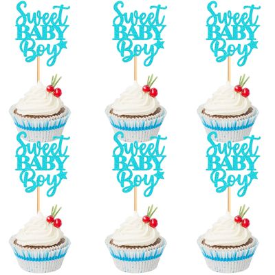 Ercadio 24 Pcs Baby Shower Cupcake Toppers Picks Blue Sweet Baby Boy Party Cake Decoration Baby Birthday Party Theme Decor Supplies