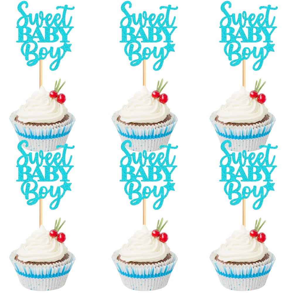 Ercadio 24 Pcs Baby Shower Cupcake Toppers Picks Blue Sweet Baby Boy Party Cake Decoration Baby Birthday Party Theme Decor Supplies