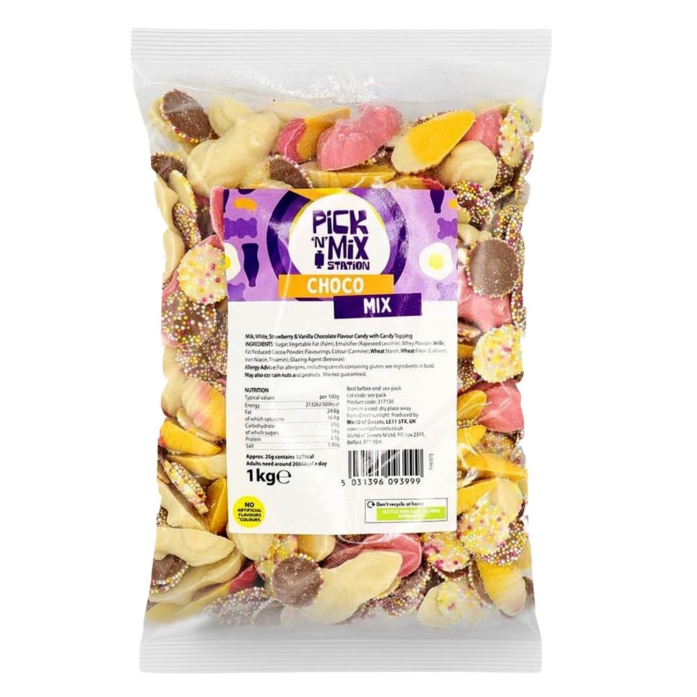 Bonds of London Pick 'n' Mix Station Choco Mix, Milk, White, Strawberry & Vanilla Chocolate Flavour Sweets, Large Retro Sweets Bag, 1 kg (Pack of 1)