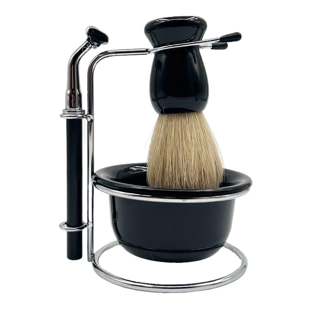 Eson Shaving Brush Set with Beard Brush, Mens Razors for Shaving, Premium Shaving Brush Set, Stainless Steel Stand, Bowl & Brush Holder, Ideal Shaving Kit for Men (Black 4 in 1)