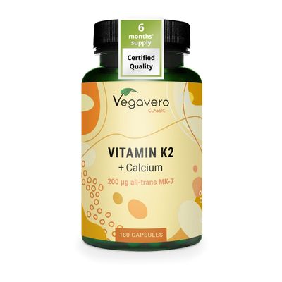 Vegavero Vitamin K2 200 g | with 444 mg Calcium | NO Additives | Bone Health Supplement | Vegan | 180 Tablets