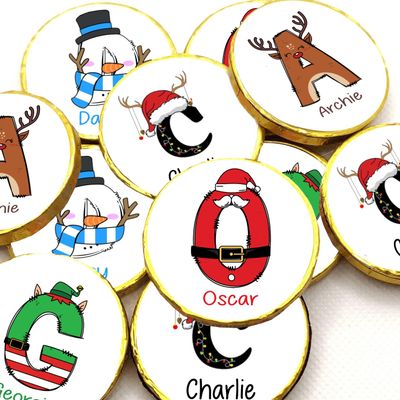 5 x Personalised Christmas Chocolate Coins Stocking Filler Christmas Eve Boxes Secret Santa Advent Santa Elf Reindeer Snowman