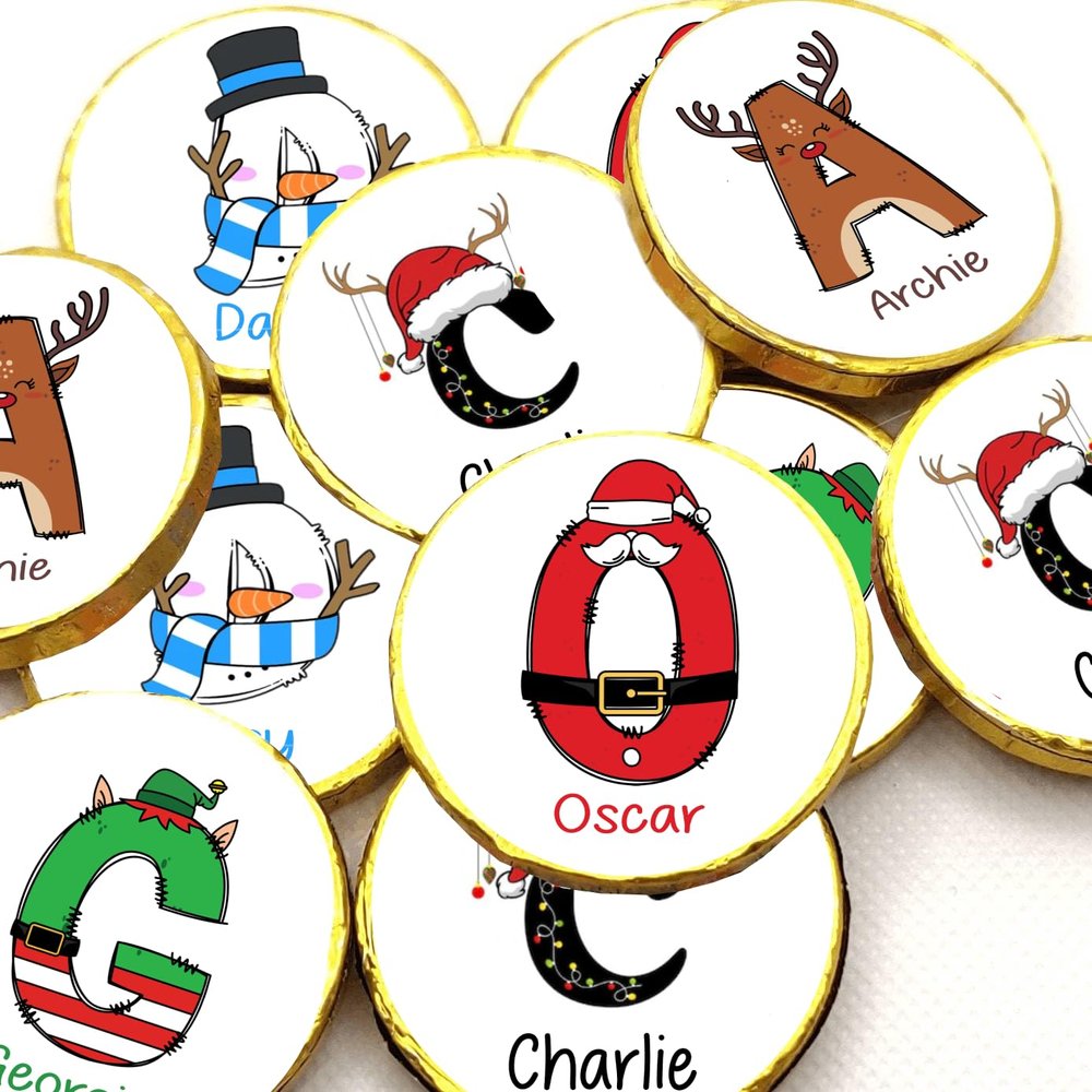 5 x Personalised Christmas Chocolate Coins Stocking Filler Christmas Eve Boxes Secret Santa Advent Santa Elf Reindeer Snowman