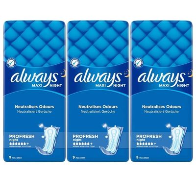 Always Maxi Night Profresh | Ultra Absorbent with Odor Protection for Night Use  3 Pack Bundle (Total 27 Pads)