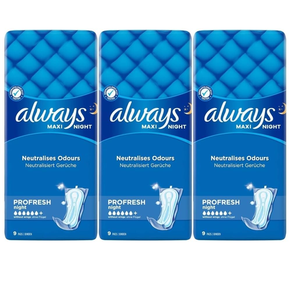 Always Maxi Night Profresh | Ultra Absorbent with Odor Protection for Night Use  3 Pack Bundle (Total 27 Pads)